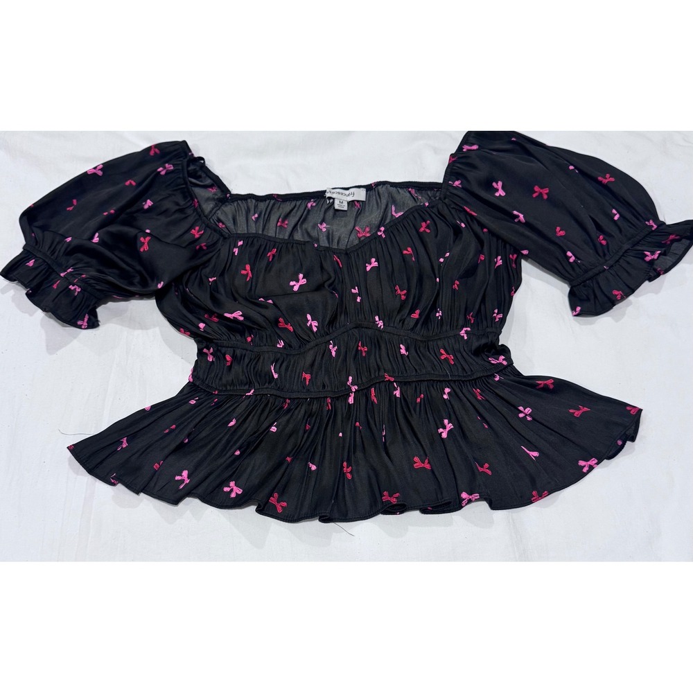 Francesca's Black Pink Bow Print Smocked Peplum Top Puff Sleeve M Coquette Fairy